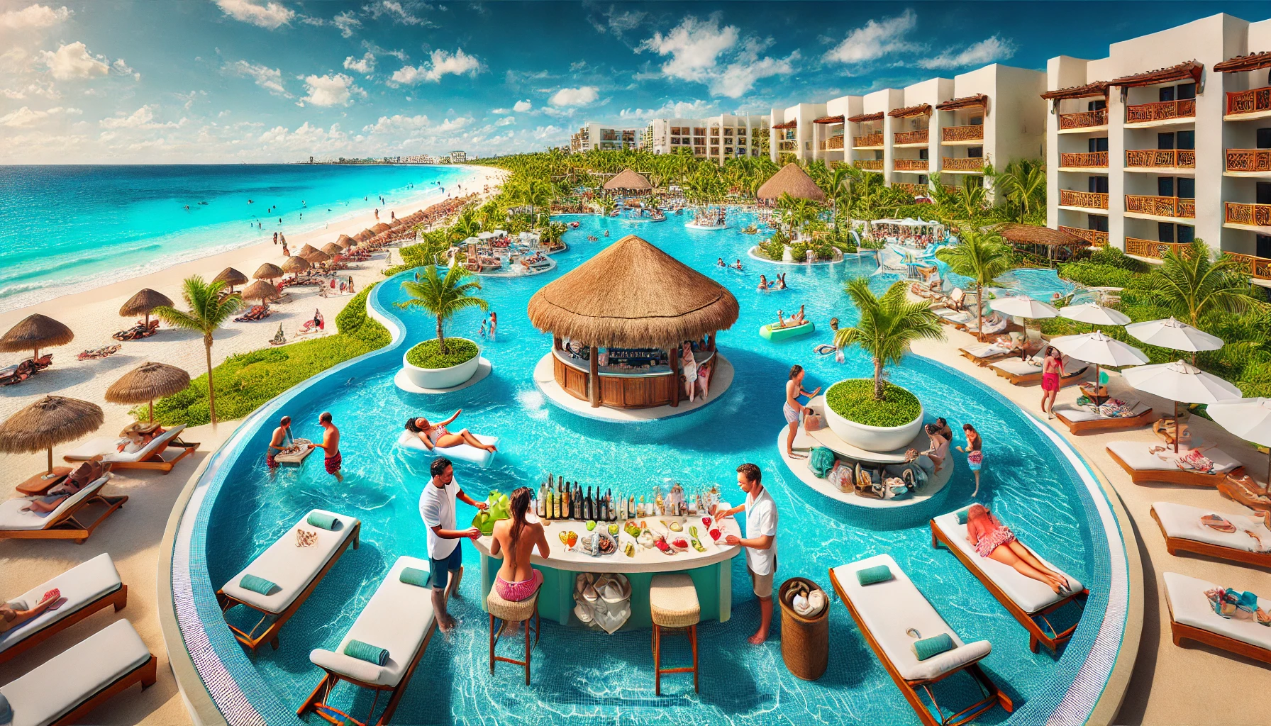 panoramic image showcasing a luxurious amexico travel packages all inclusive ll-inclusive resort in Mexico. In the foreground, a large infinity pool overlooks a pristine white